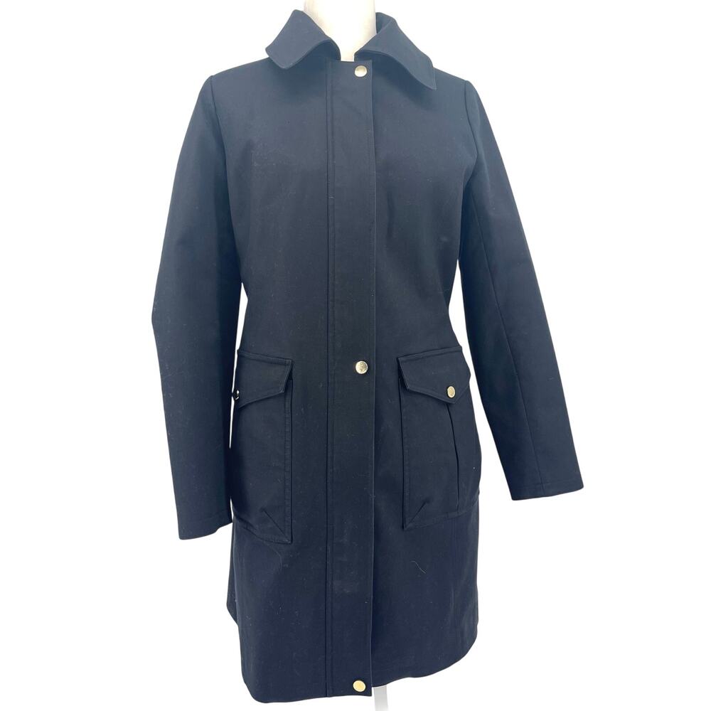 Trina Turk Women's S Black Trench Rain Coat Mid Length Zip Button Lined Collared